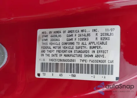 2008 Honda Accord 2.4 Ex-L from USA, damaged, VIN 1HGCS12848A004561